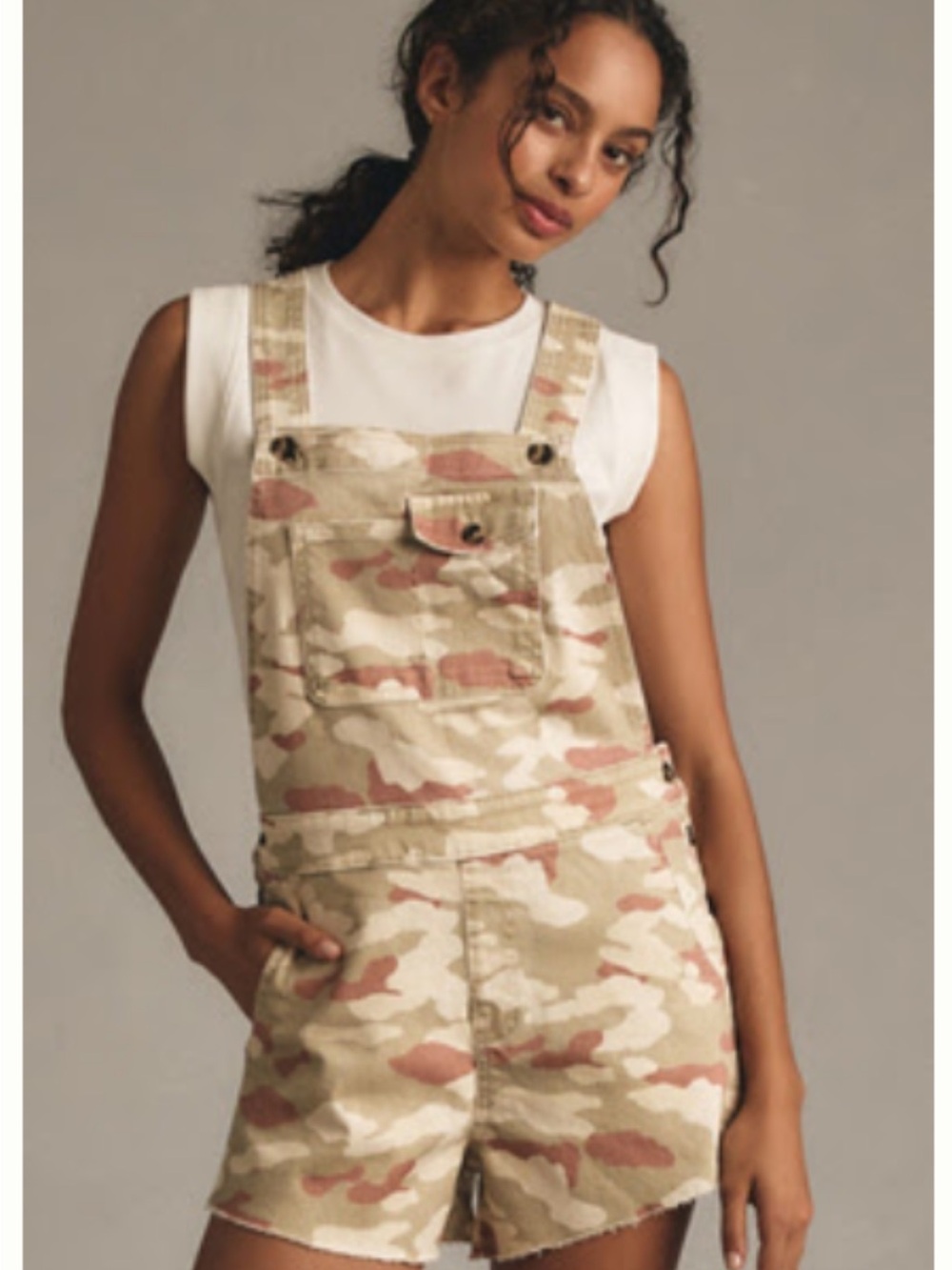 Anthropologie Tan and Pink Camo Short Overalls
